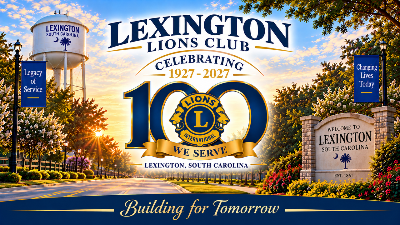 Lexington Lions Club celebrating 100 years, 1927–2027. We Serve. Building for Tomorrow. Centennial artwork featuring Lexington, South Carolina.